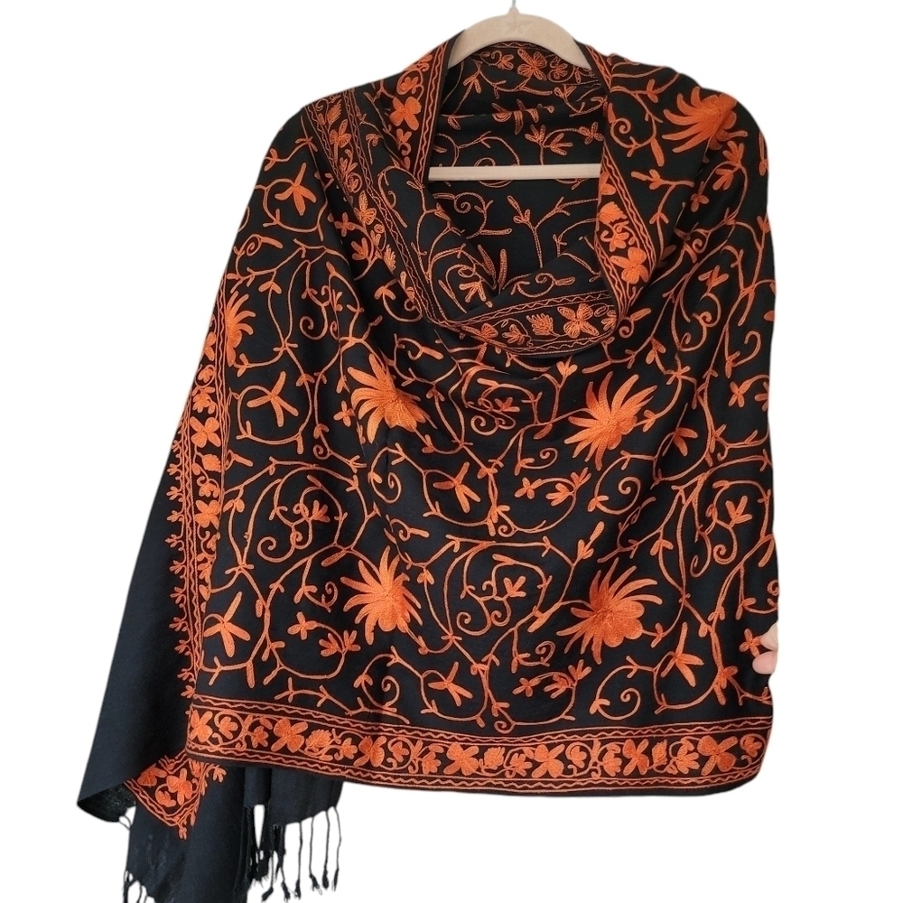 Embroidered Kashmiri Pashmina Stole Wrap Thin Wool Black & Orange